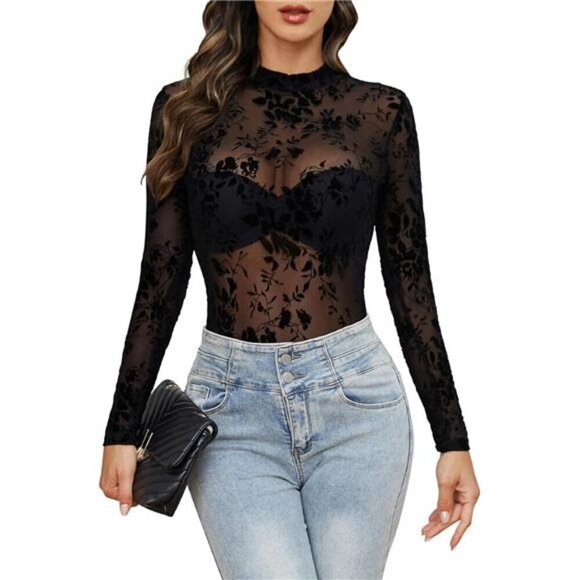 Tops - Mesh Top for Women Long Sleeve Mock Neck Black Floral Pattern 2
